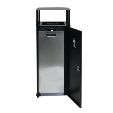 Vue de face ouverte de la poubelle urbaine aspect bois 60 Litres LISA