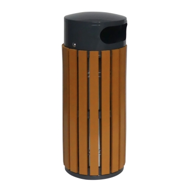 Vue générale de la poubelle ronde aspect bois ZOA