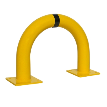 Vue de 3/4 du petit arceau de protection en acier jaune et noir sur platine diamètre 76 mm