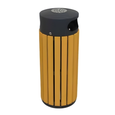 Vue générale de la poubelle ronde aspect bois ALBA avec cendrier